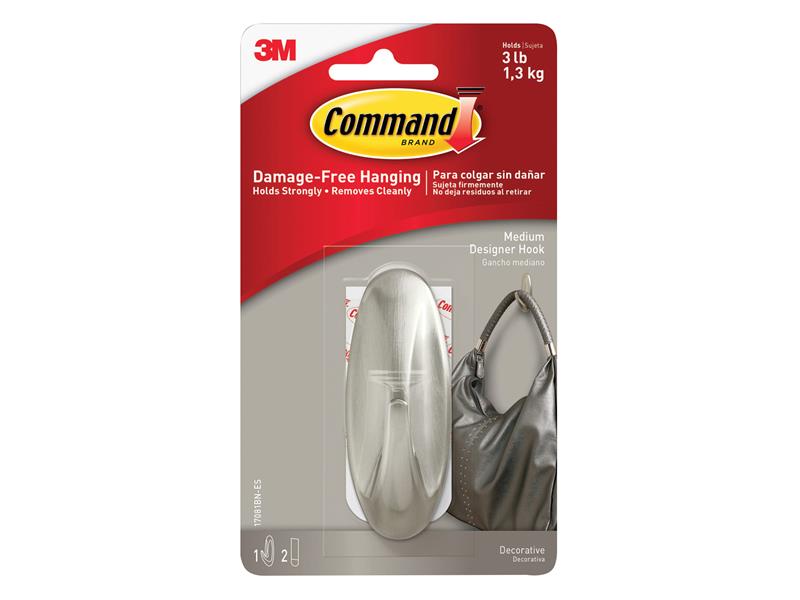 Command™ Medium Designer Hook, Brushed Nickel Effect