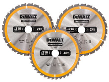 Load image into Gallery viewer, DEWALT DT1962 Construction Circular Saw Blade 3 Pack 216 x 30mm 2 x 24T 1 x 40T