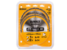 Load image into Gallery viewer, DEWALT DT1962 Construction Circular Saw Blade 3 Pack 216 x 30mm 2 x 24T 1 x 40T