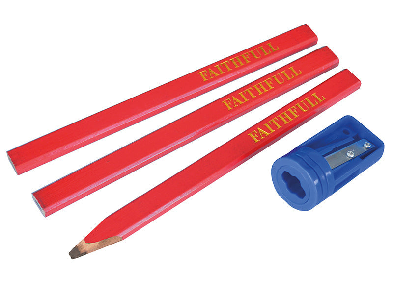 Faithfull Carpenters' Pencils Red (Pack 3 + Sharpener)