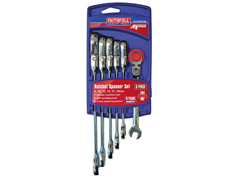 Faithfull Ratchet Combination Spanner Flex Head Set, 6 Piece