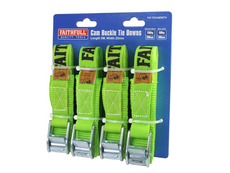 Faithfull Cam Buckle Tie-Downs 5m x 25mm, 4 Piece