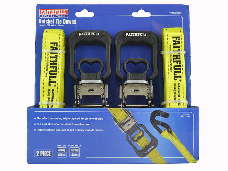 Faithfull Ratchet Tie-Downs J-Hook 5m x 32mm Breaking Strain 1320kg/daN 2 Piece