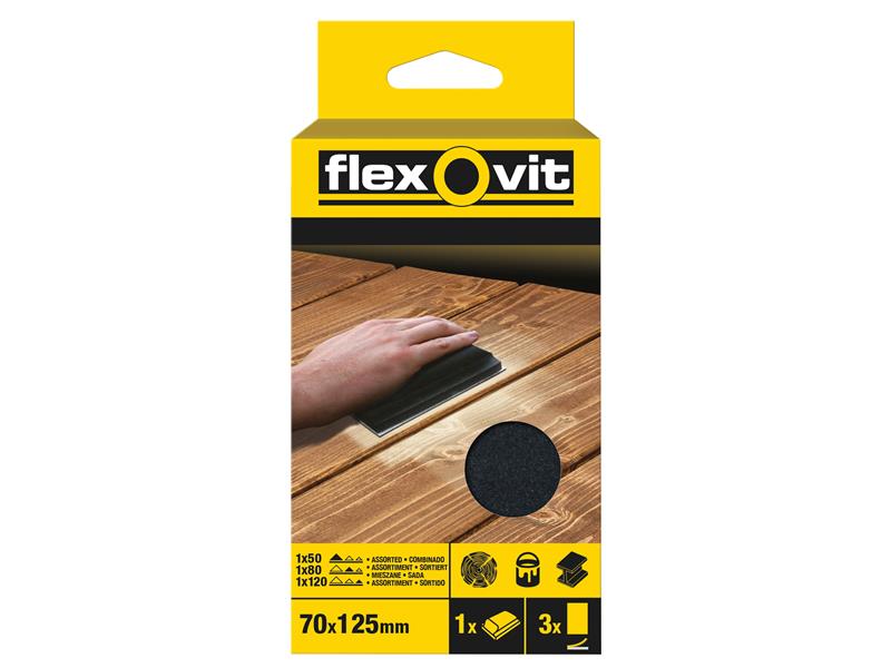 Flexovit Hook & Loop Sanding Block Kit Assorted 70 x 125mm (Pack 3)