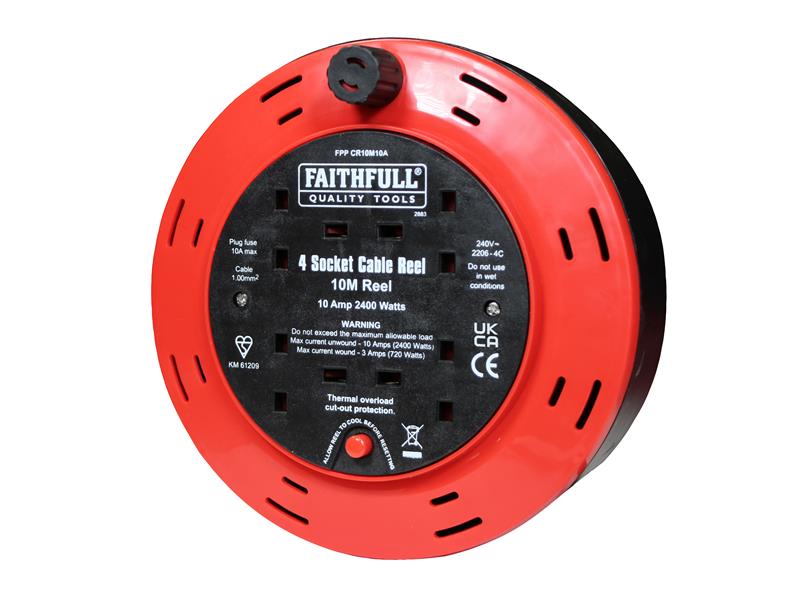 Faithfull Power Plus Cable Reel 240V 10A 4-Socket 10m