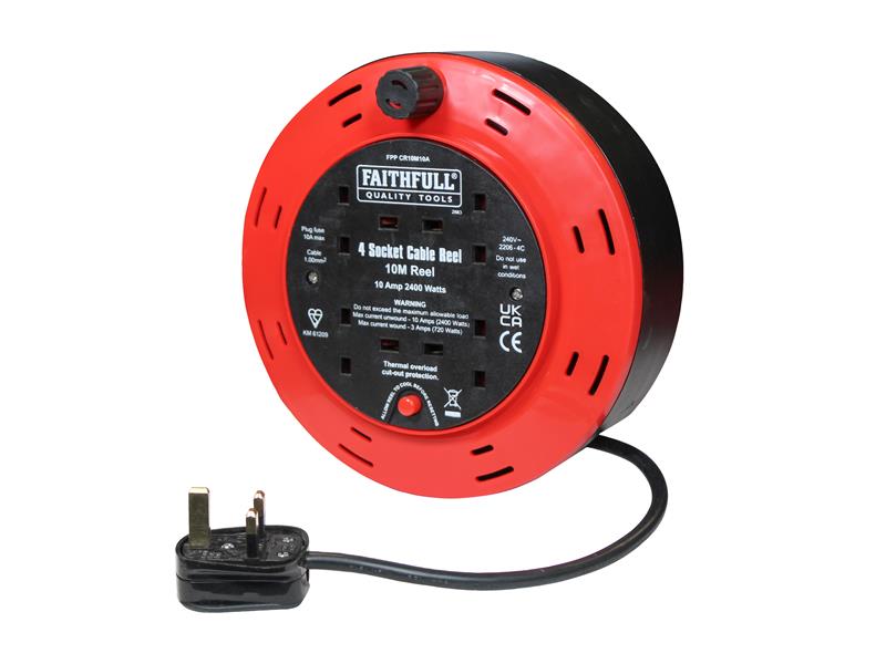 Faithfull Power Plus Cable Reel 240V 10A 4-Socket 10m