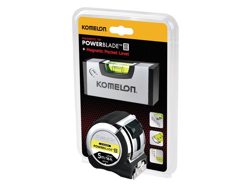 Komelon PowerBlade™ II Pocket Tape 5m/16ft (Width 27mm) with Mini Level