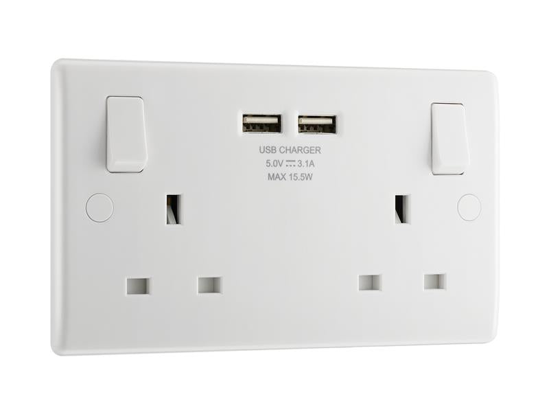 Masterplug Switched Socket 2-Gang 13A with 2 x USB Ports