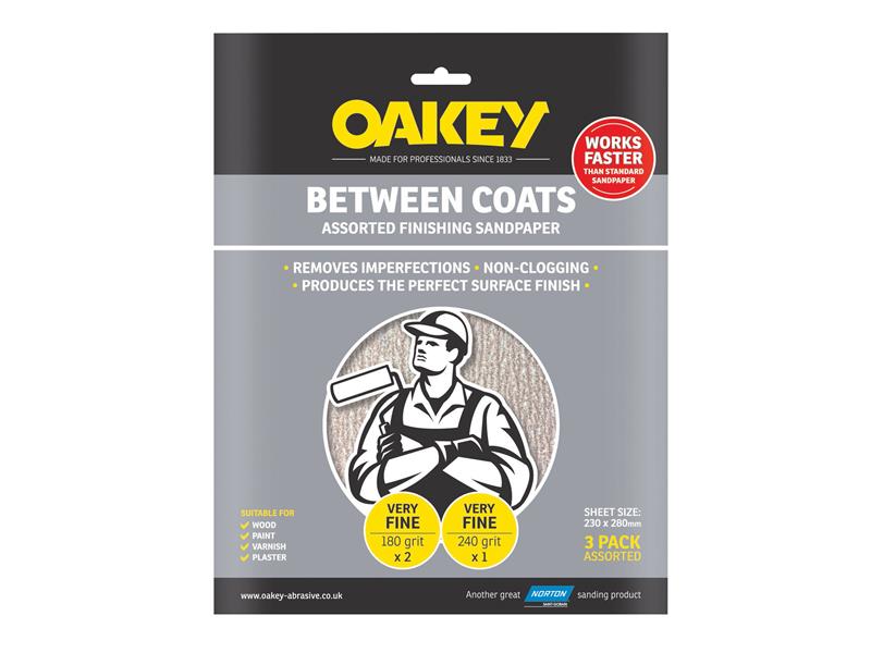 Oakey Between Coats Finishing Sandpaper 230 x 280mm Assorted (3)