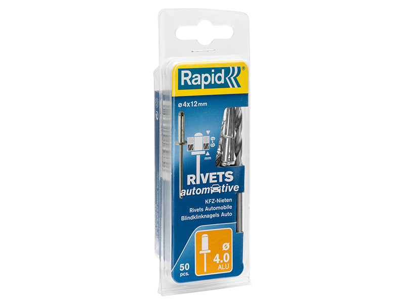 Rapid Automotive Rivets 4 x 12mm Steel Blister of 50