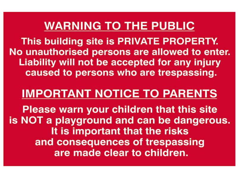 Scan Building Site Warning to Public & Parents - PVC Sign 600 x 400mm