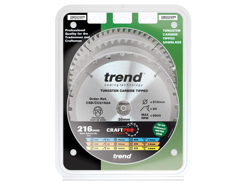 Trend CraftPro Mitre Saw Blade 216 x 30mm x 24T/48T/60T (Pack 3)