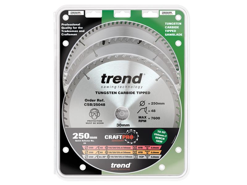 Trend CraftPro Table Saw Blade 250 x 30mm x 48T/60T/84T (Pack 3)